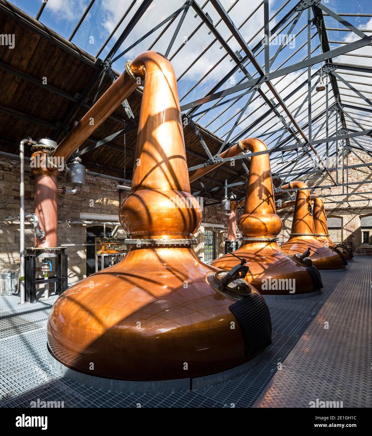 Copper stills at The Borders Distillery, Hawick, Scotland, UK. Winner of Architects Journal Retrofit Award 2018 and Civic Trust Award 2019 Stock Photo