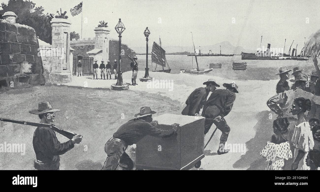 River The Outer Gate of the Arsenal Yard, Cavite - Spanish Wrecks in the Distance - Spanish American War, 1898 Stock Photo
