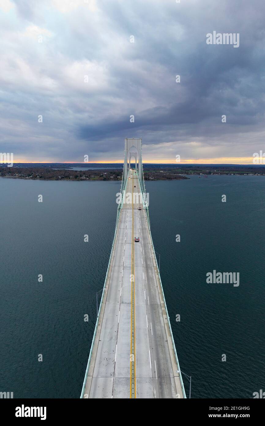 The Claiborne Pell Bridge is among the longest suspension bridges in the world located in Newport, RI, USA. Stock Photo