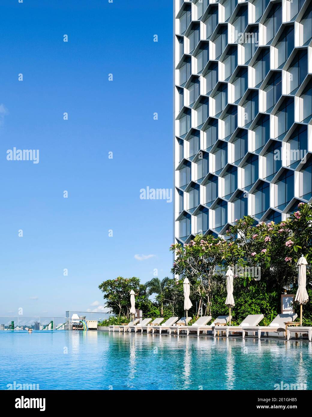 Exterior view of the DUO Twin Towers, Hotel, Singapore. Sky pool and sky garden located within the Andaz Hotel. Stock Photo