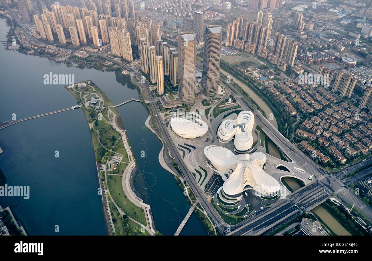 Aerial view of The Changsha Meixihu International Culture and Art Centre, beside Meixi Lake, Changsha, Hunan province, China. Stock Photo