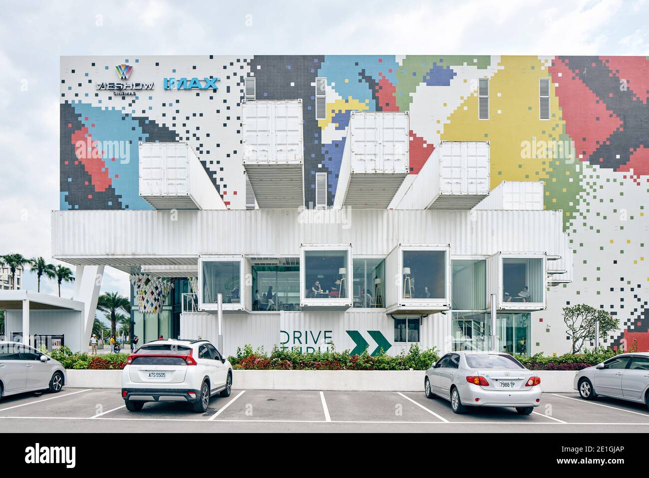 Exterior view of the first Starbucks cafe in Asia Pacific, constructed from recycled shipping containers, Hualien Bay Mall, Hualie, Taiwan. Stock Photo