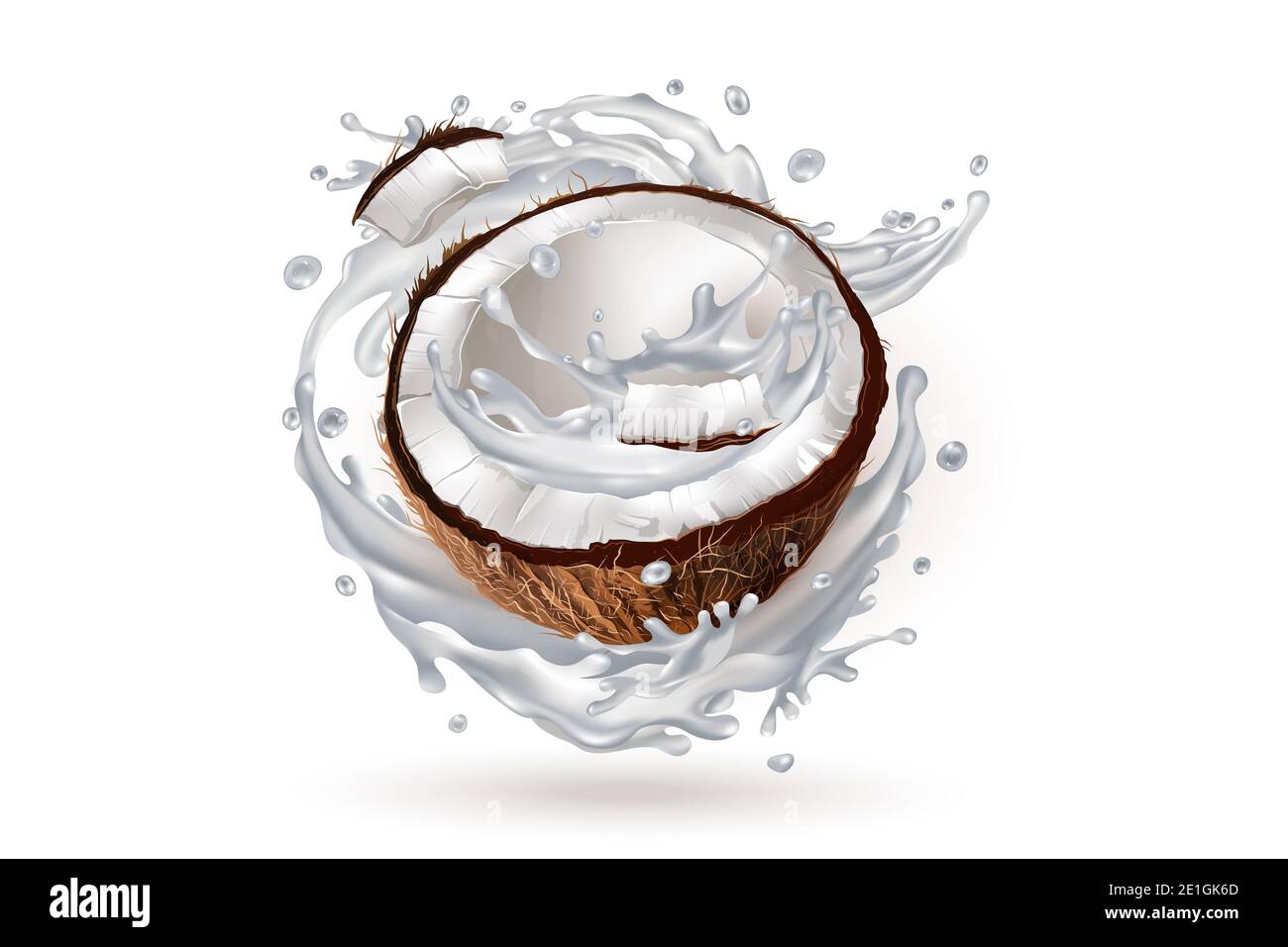 Half a coconut in a milk splash. Stock Photo