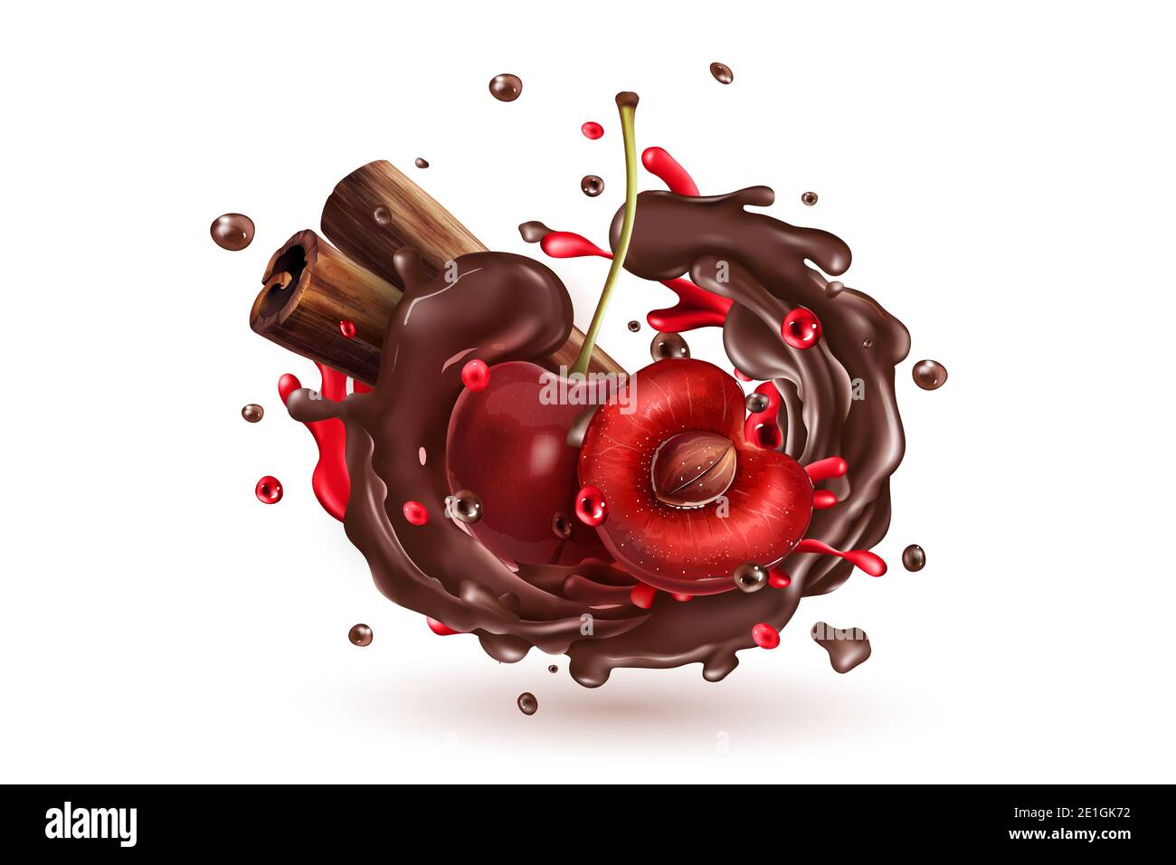 Cherry berries and cinnamon sticks in a chocolate splash. Stock Photo
