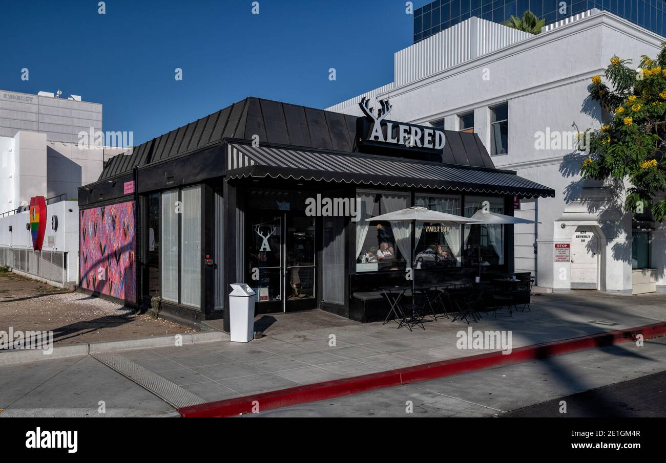 Exterior view of Alfred, a coffee shop in Beverly Hills, California, USA. Stock Photo