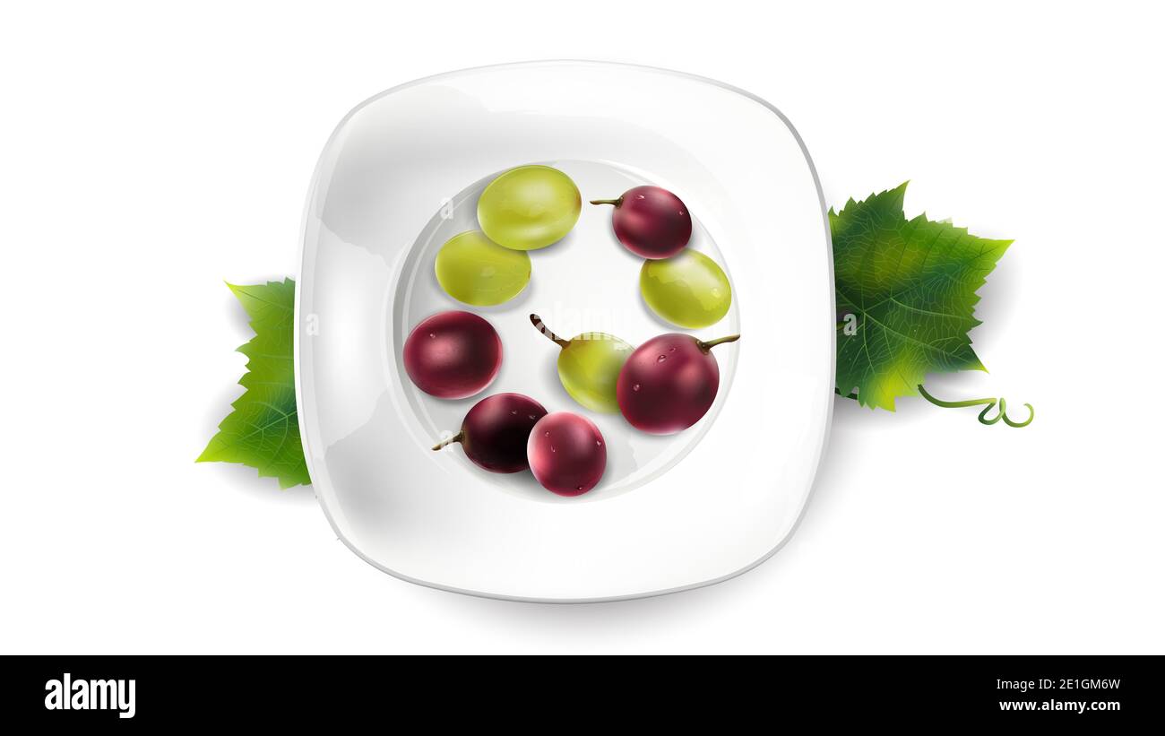 Green and red grapes on a white plate. 3D illustration Stock Photo