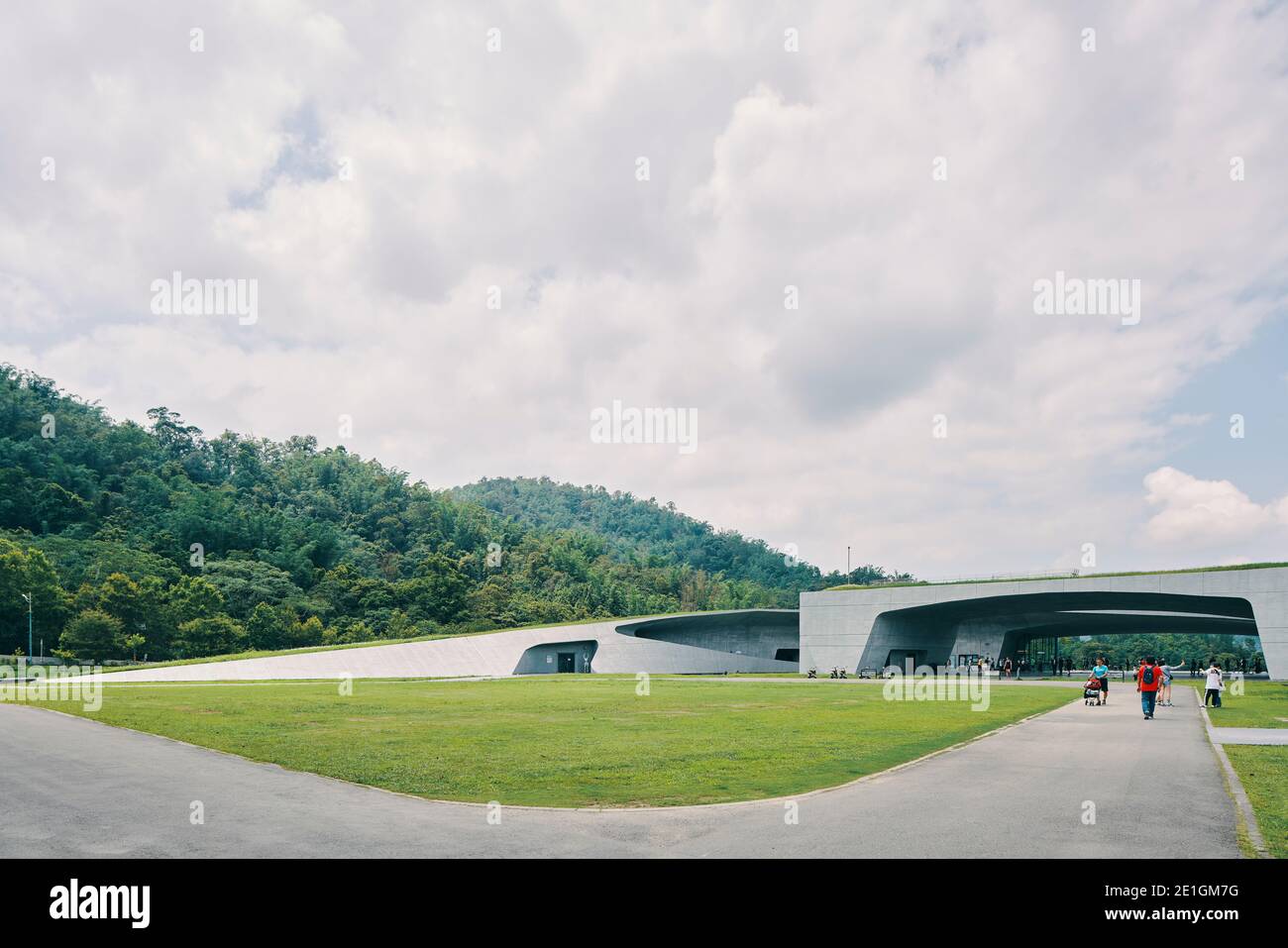 Exterior view of the Xiangshang Visitor Center in Sun Moon Lake, Nantou County, Taiwan, a sleek and harmonious concrete building. Stock Photo