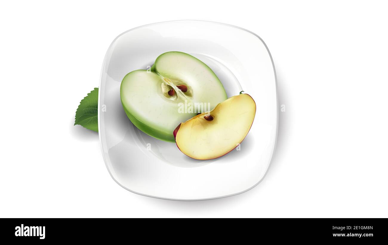 Green and red apple slices on a white plate. Stock Photo