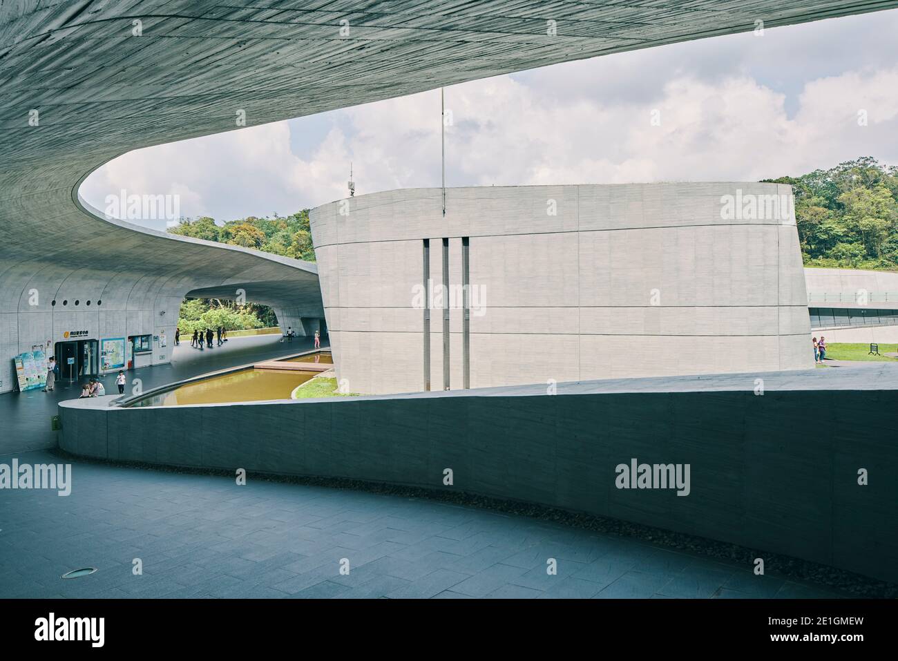 Exterior view of the Xiangshang Visitor Center in Sun Moon Lake, Nantou County, Taiwan, a sleek and harmonious concrete building. Stock Photo