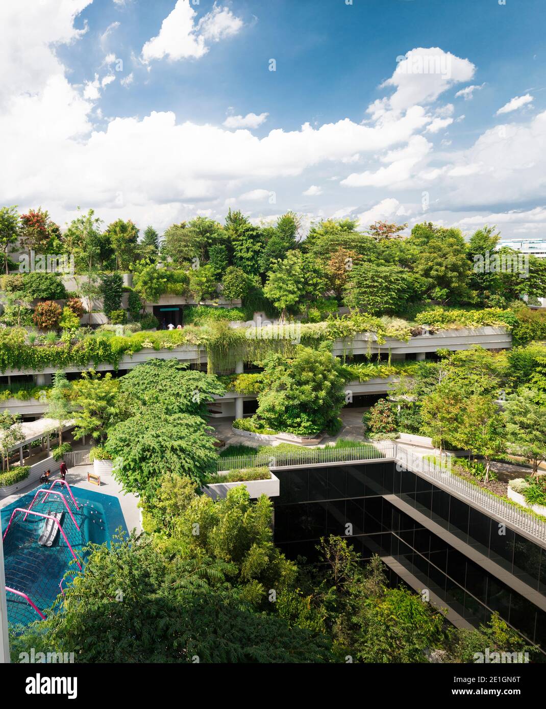 Exterior view of the mixed-use Kampung Admiralty development amidst lush gardens in Singapore. Stock Photo