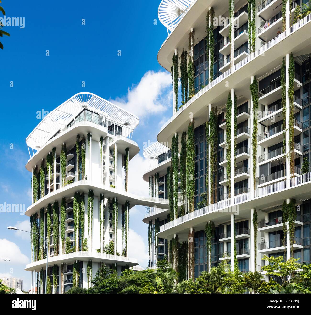 Exterior view of The Tembusu apartment building in Singapore with an organic, living facade. Stock Photo