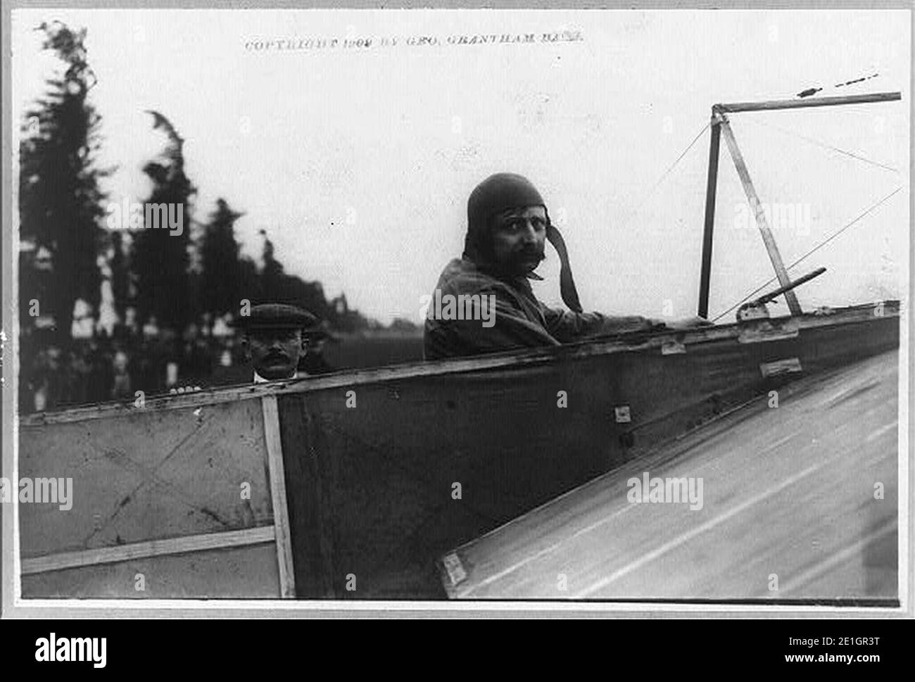 Louis Blériot at the wheel of his monoplane, with Alfred LeBlanc, July 25, 1909 Stock Photo