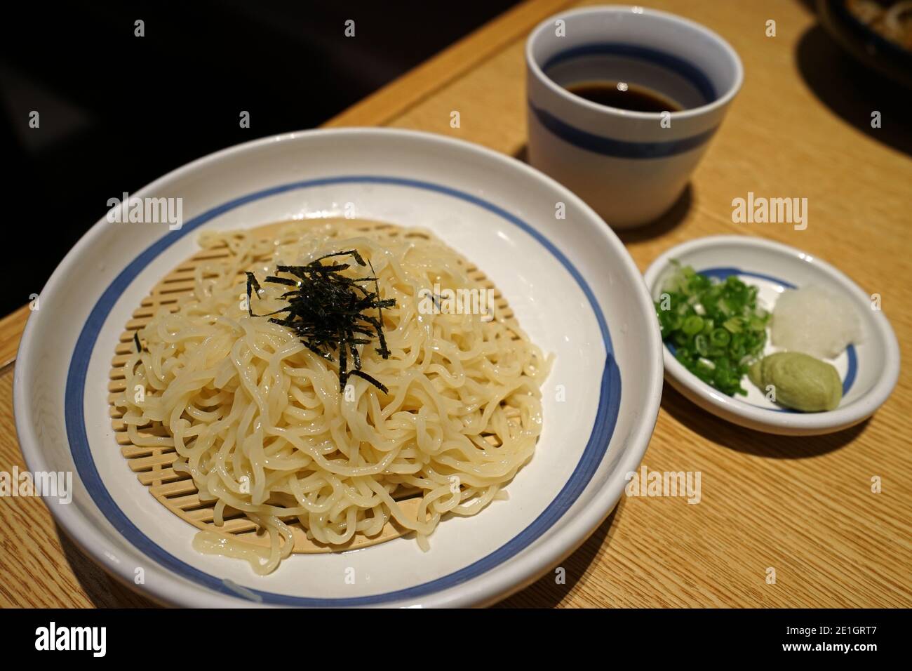 Close up Zaru soba, Japanese cold buckwheat noodles served with dipping