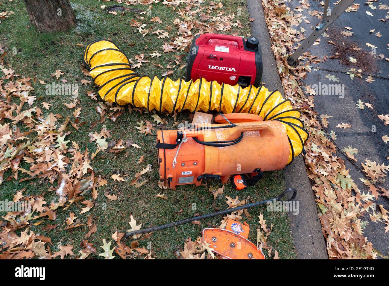 Parts of a car vacuum cleaner or a large yellow caterpillar escaped from the nature center. St Paul Minnesota MN USA Stock Photo