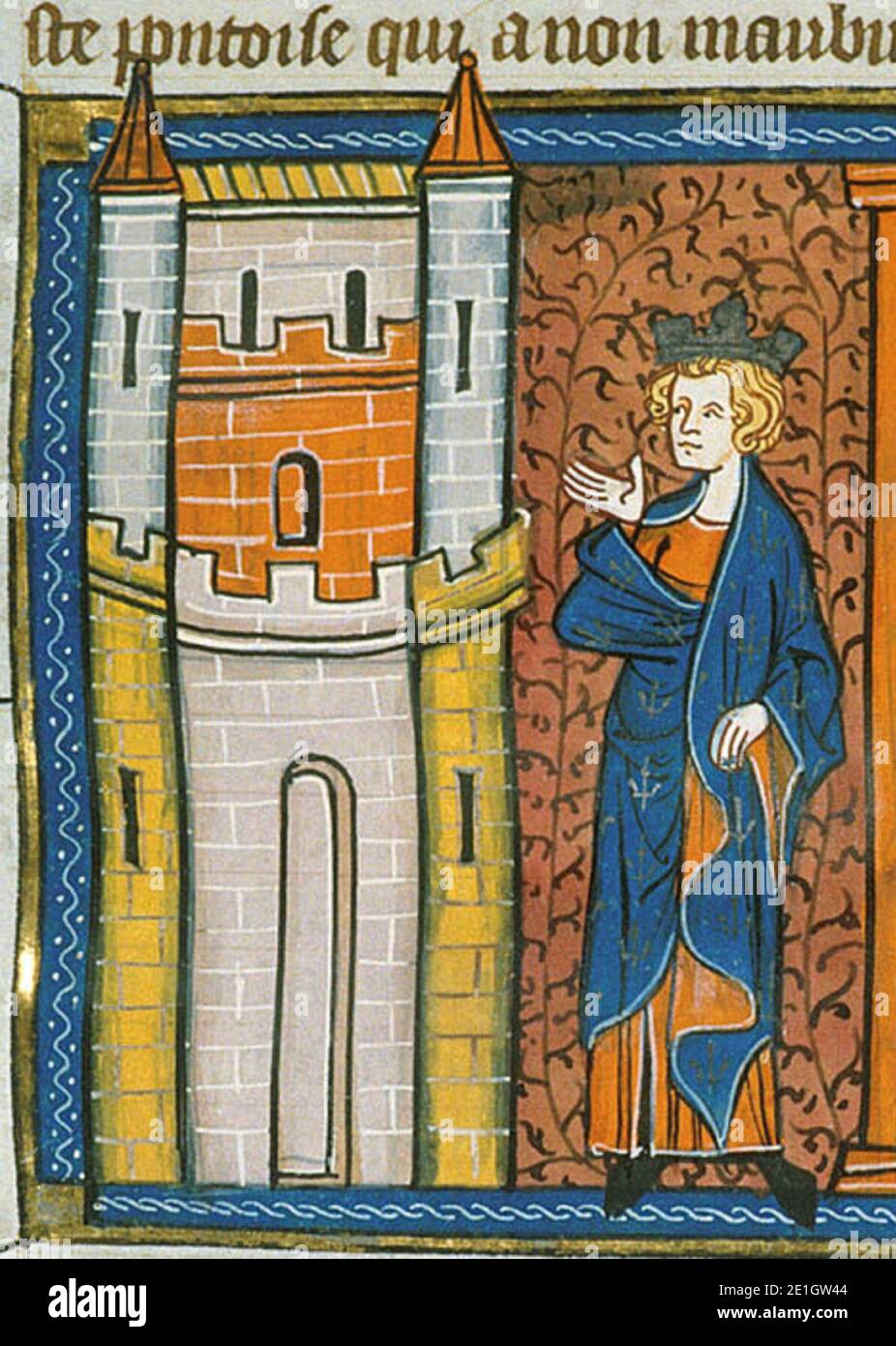 Louis IX in front of fortress, from Chroniques de France ou de St Denis, 14th century (22690438696). Stock Photo
