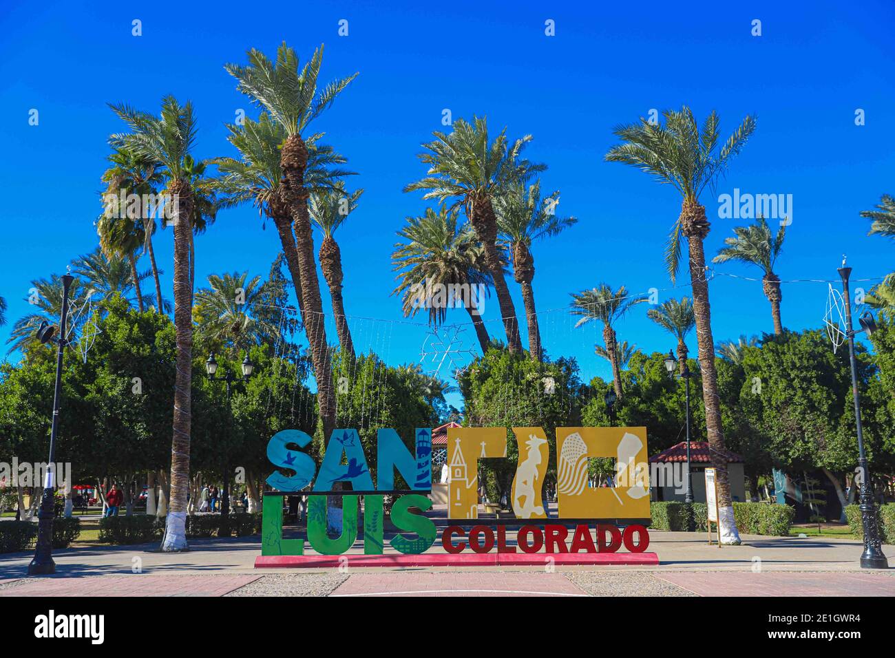 Monumental letters of colors in the Benito Juarez square in San Luis