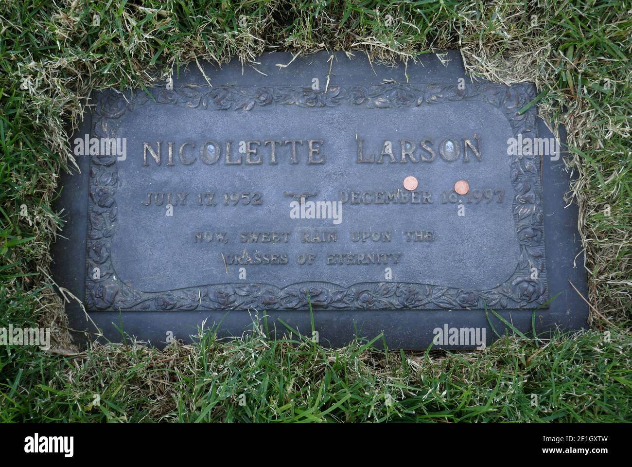 Los Angeles, California, USA 29th December 2020 A general view of atmosphere of singer Nicolette Larson's Grave at Forest Lawn Hollywood Hills Memorial Park on December 29, 2020 in Los Angeles, California, USA. Photo by Barry King/Alamy Stock Photo Stock Photo
