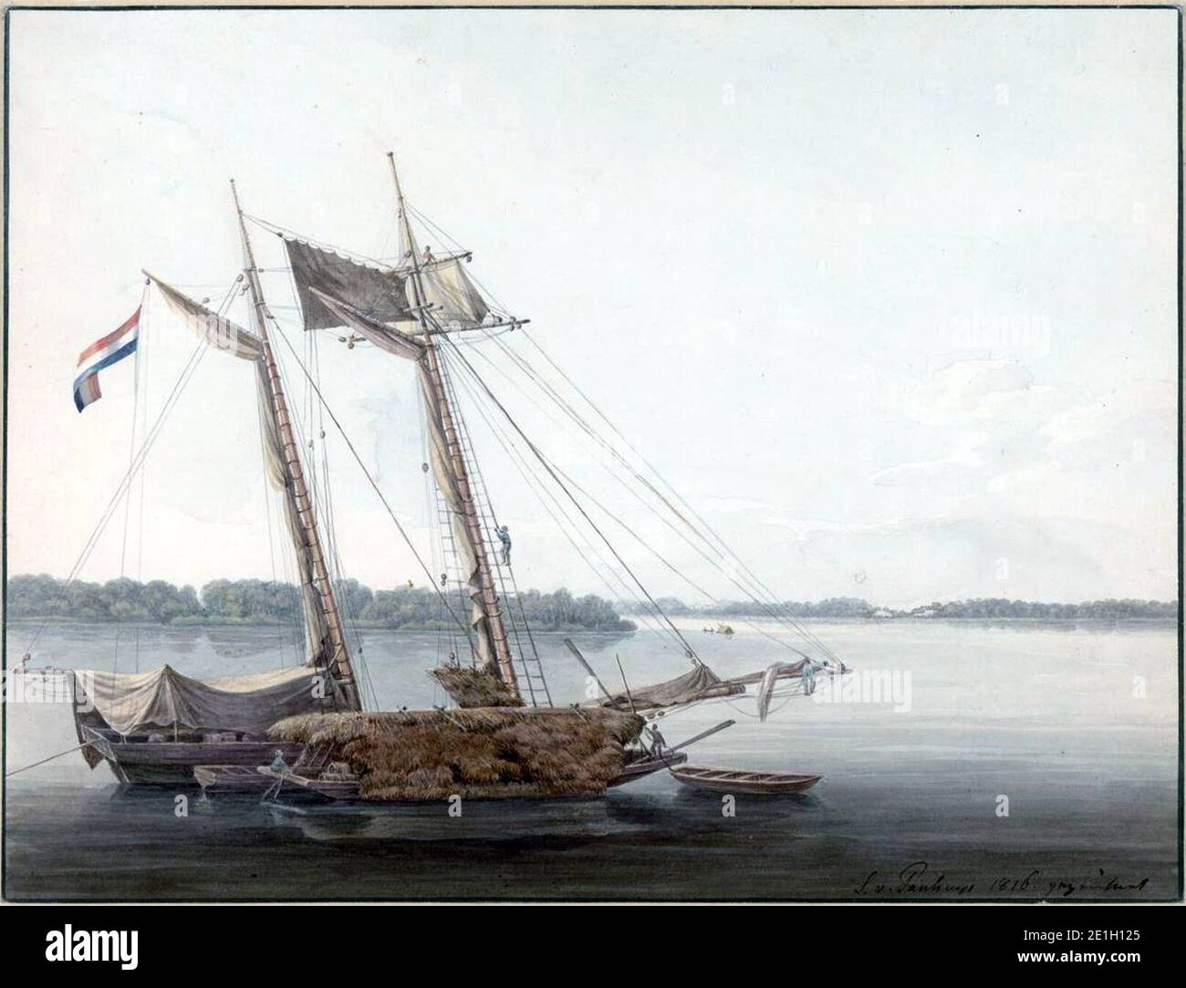 Louise van Panhuys, Surinamerivier vanaf Gouvernementshuis, met schoener en plantageboot, 1816. Stock Photo