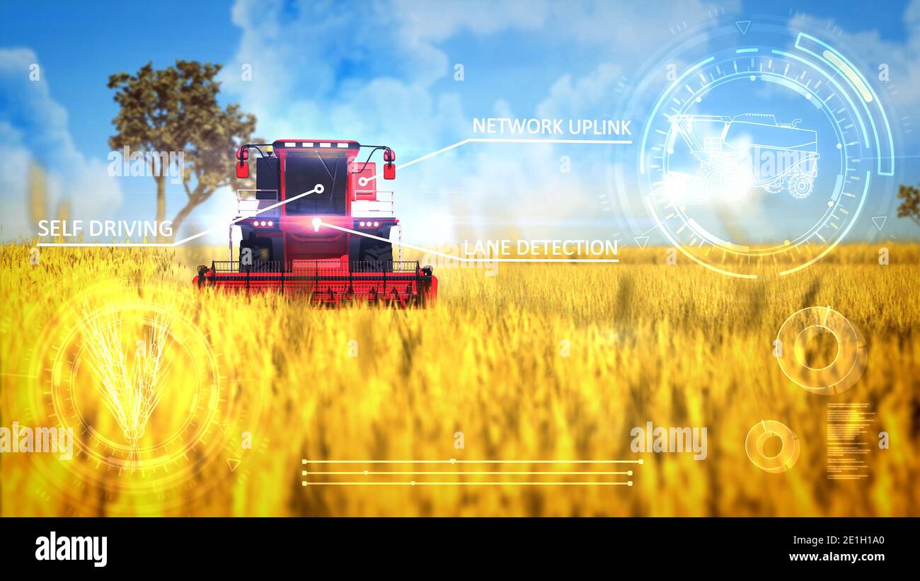 Industrial 3D illustration with digital overlays of automated combine ...