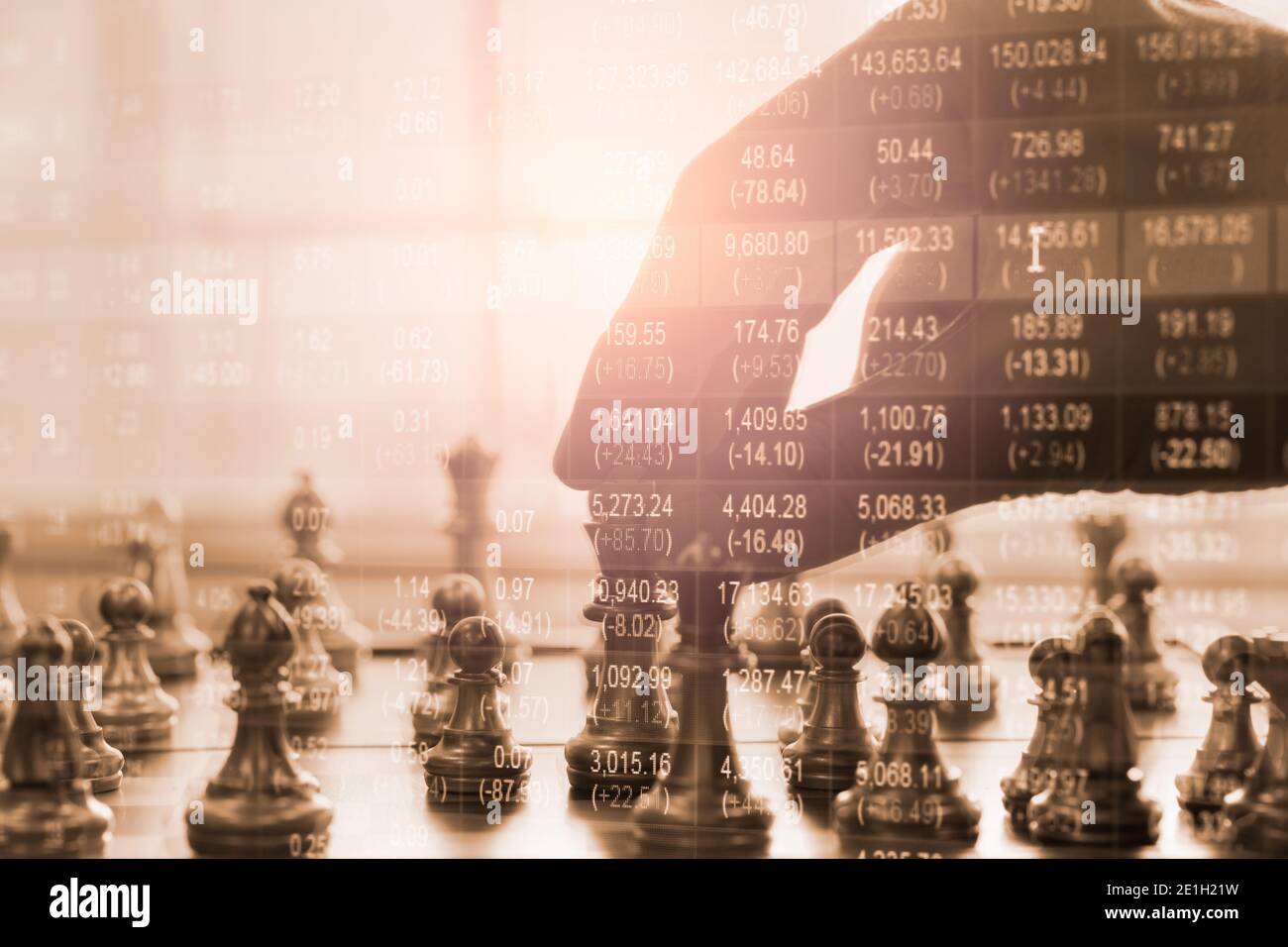 Chess game on chess board behind business man background. Business concept  to present financial information and marketing strategy analysis. Investmen  Stock Photo - Alamy