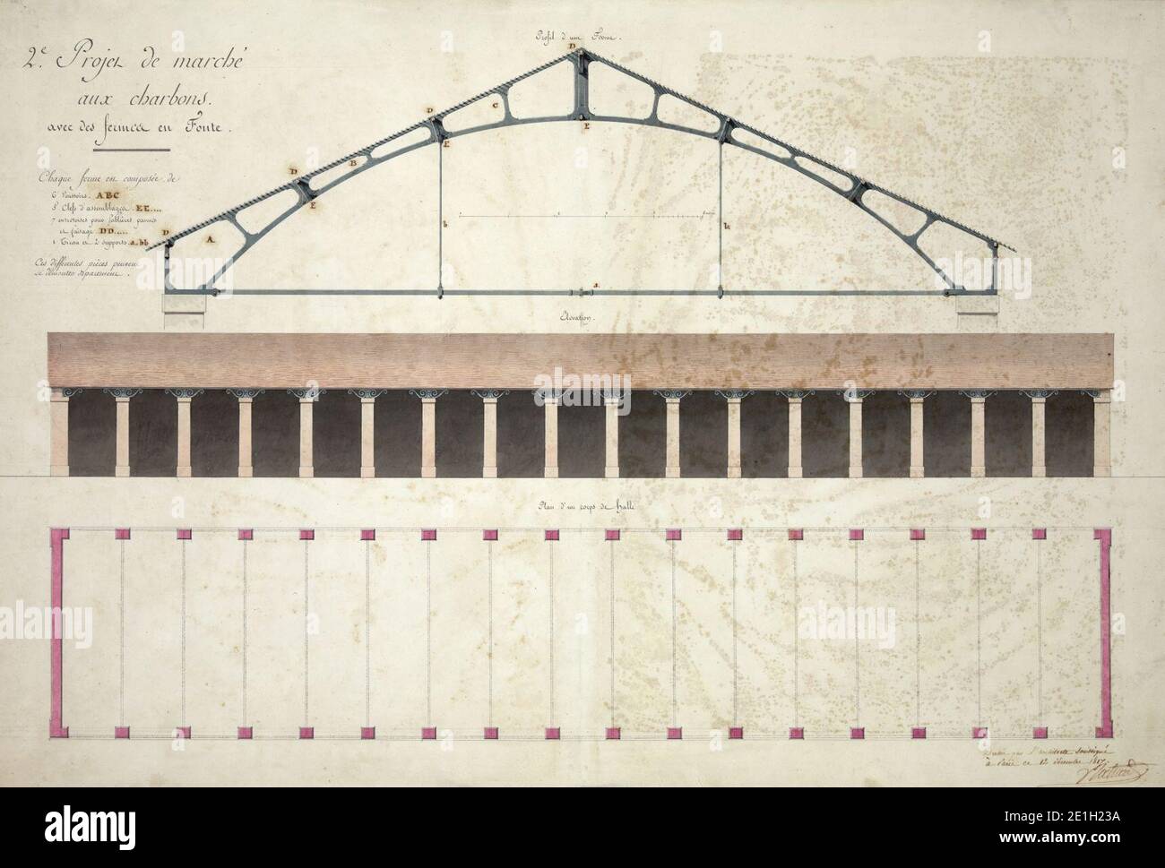 Louis-Pierre Baltard, 2e projet de marché aux charbons avec des fermes en Fonte. Stock Photo