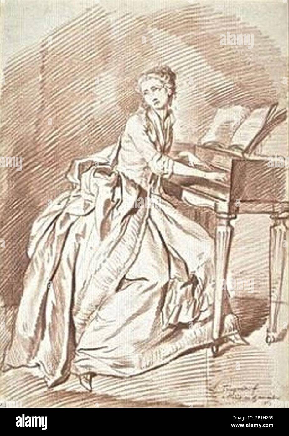 Louis-Roland Trinquesse Jeune femme assise au clavecin randlos. Stock Photo