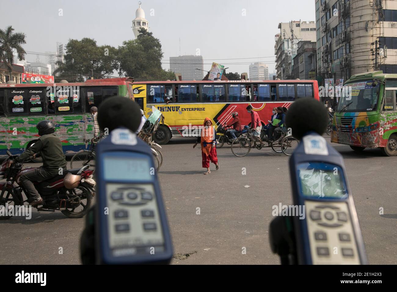 DHAKA, BANGLADESH - JANUARY 07: Sound level meter seen on street to measure noise level in  Dhaka, Bangladesh on January 07, 2020. Noise pollution has Stock Photo