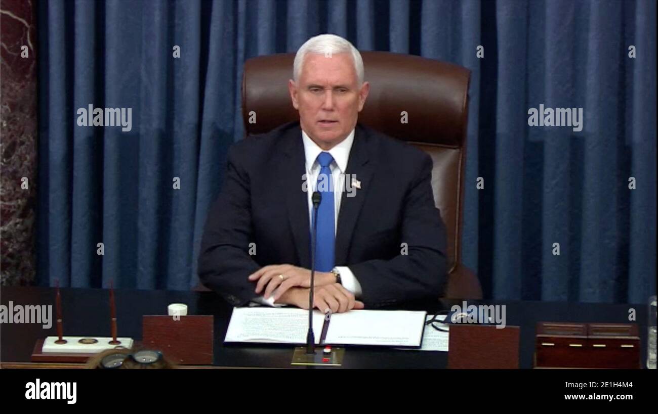 Washington DC, USA. 6th Jan 2021. In this image from United States Senate television, US Vice President Mike Pence makes remarks as the US Senate reconvenes to resume debate on the Electoral Vote count following the violence in the US Capitol in Washington, DC on Wednesday, January 6, 2021. Photo by US Senate Television via CNP/ABACAPRESS.COM Credit: ABACAPRESS/Alamy Live News Stock Photo