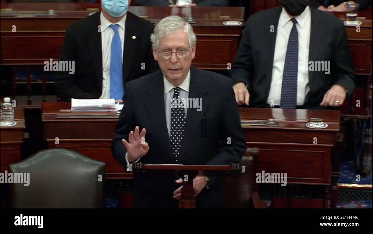 Washington DC, USA. 6th Jan 2021. In this image from United States Senate television, United States Senate Majority Leader Mitch McConnell (Republican of Kentucky) makes remarks as the US Senate reconvenes to resume debate on the Electoral Vote count following the violence in the US Capitol in Washington, DC on Wednesday, January 6, 2021. Photo by US Senate Television via CNP/ABACAPRESS.COM Credit: ABACAPRESS/Alamy Live News Stock Photo