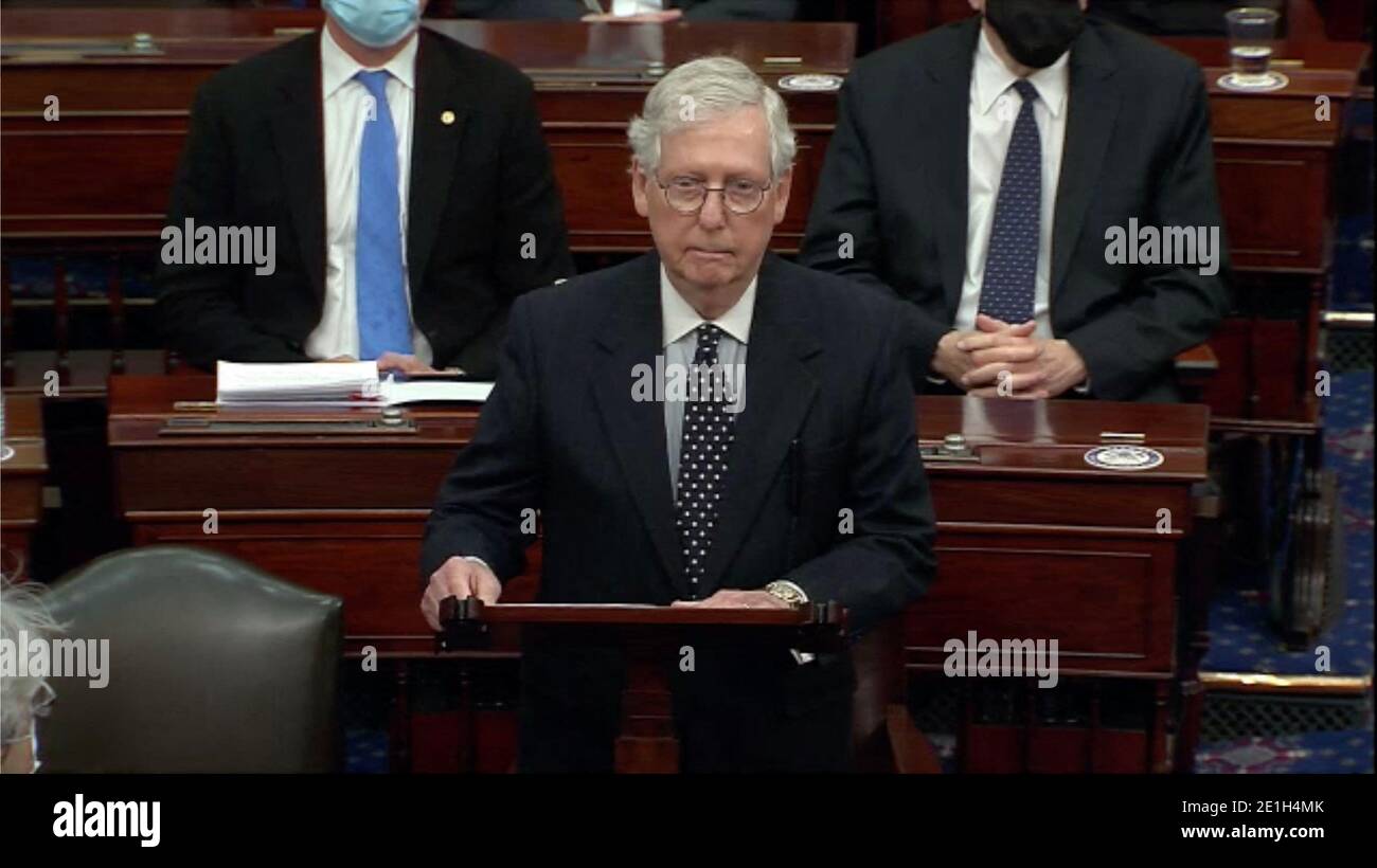 Washington DC, USA. 6th Jan 2021. In this image from United States Senate television, United States Senate Majority Leader Mitch McConnell (Republican of Kentucky) makes remarks as the US Senate reconvenes to resume debate on the Electoral Vote count following the violence in the US Capitol in Washington, DC on Wednesday, January 6, 2021. Photo by US Senate Television via CNP/ABACAPRESS.COM Credit: ABACAPRESS/Alamy Live News Stock Photo