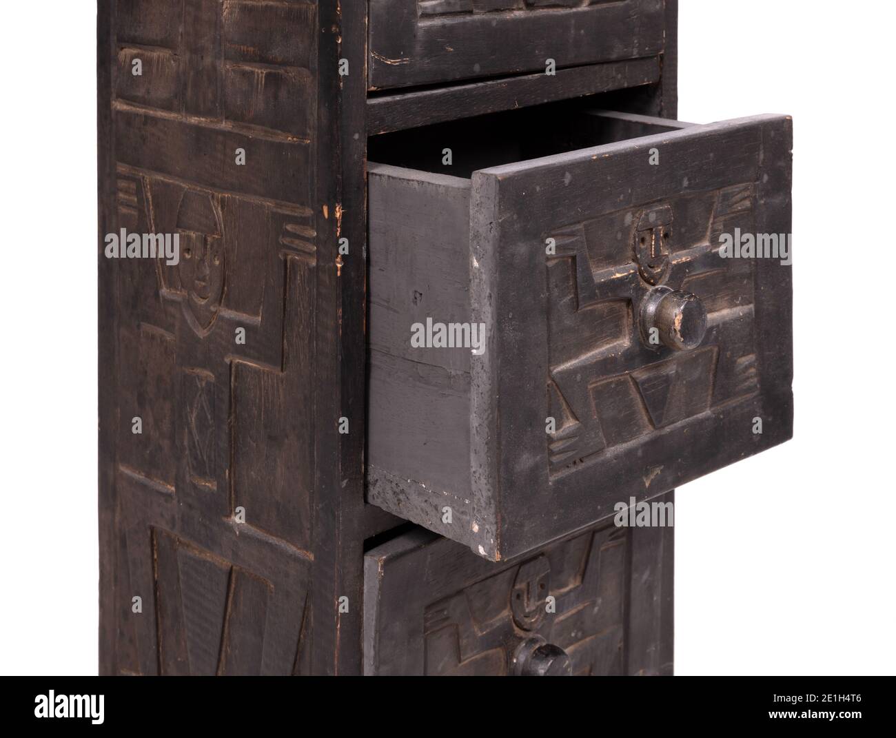 Wooden carved cabinet with 5 drawers, isolated Stock Photo