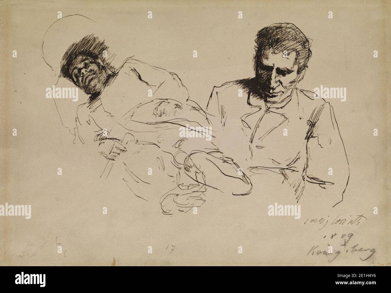 Lovis Corinth Tuschskizze Mnnliches Halbportrait und Nach links liegender Mann. Stock Photo