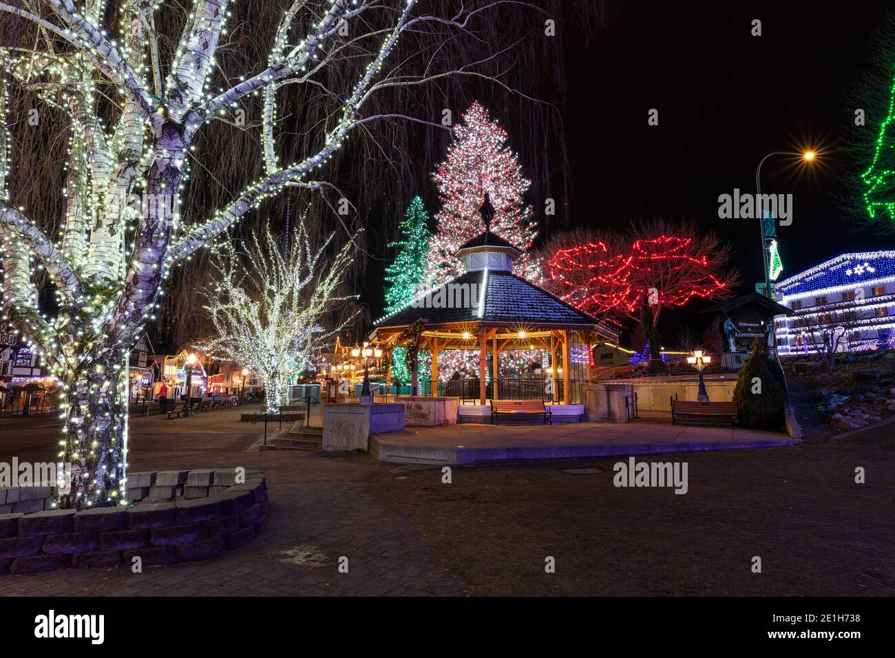 Christmas lights illuminate the town square in Leavenworth, Washington