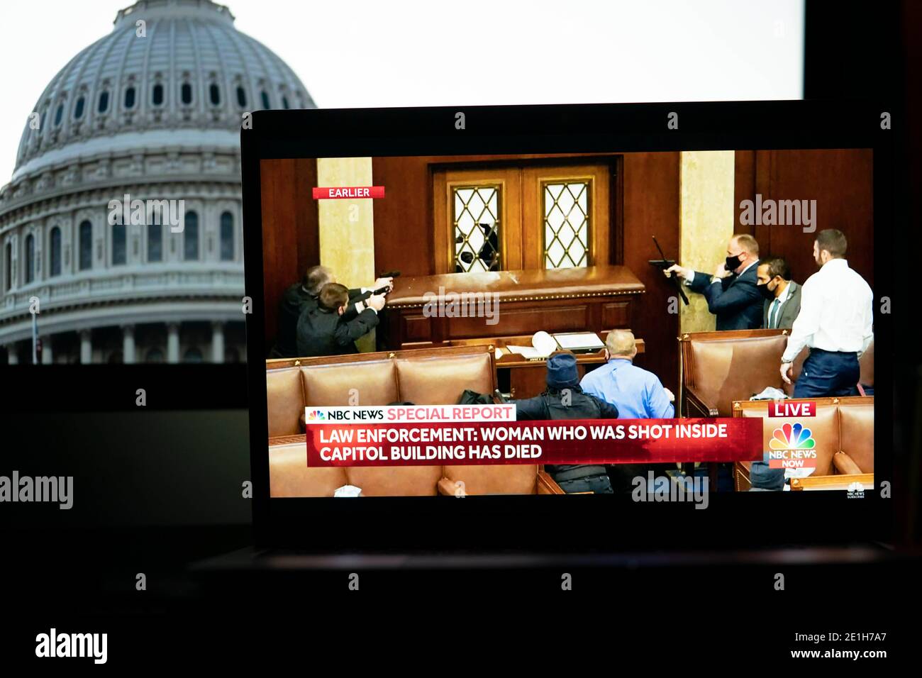 Washington, USA. 7th Jan, 2021. The moment of security staff in the U.S. Capitol building reacting to the chaotic situation is captured on a screenshot in a video feed from NBC news seen in Arlington, Virginia, the United States, Jan. 6, 2021. Credit: Liu Jie/Xinhua/Alamy Live News Stock Photo