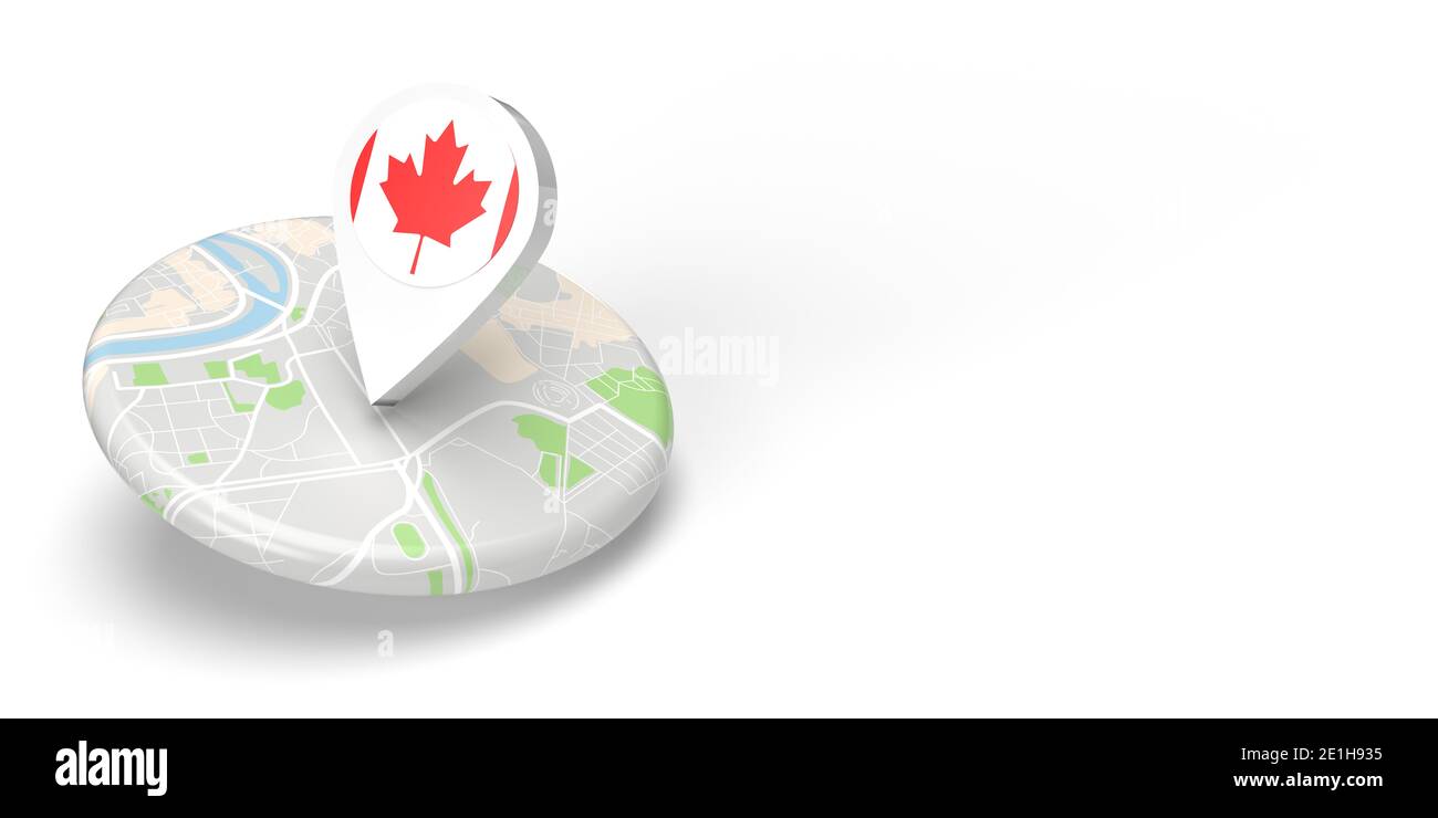 A 3D rendered country map locator pointing on a destination on a flat rounded small map. The symbol has the Canadian flag. The illustration is isolate Stock Photo
