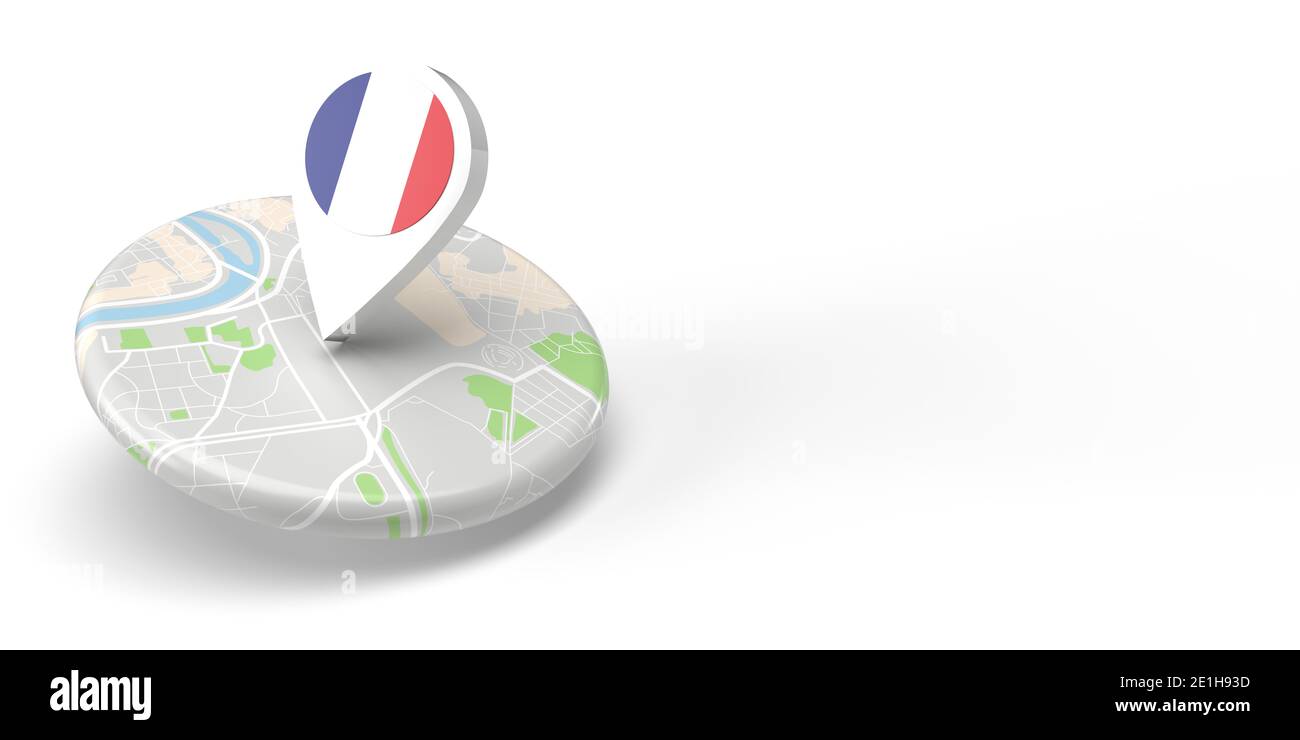 A 3D rendered country map locator pointing on a destination on a flat rounded small map. The symbol has the French flag. The illustration is isolated Stock Photo