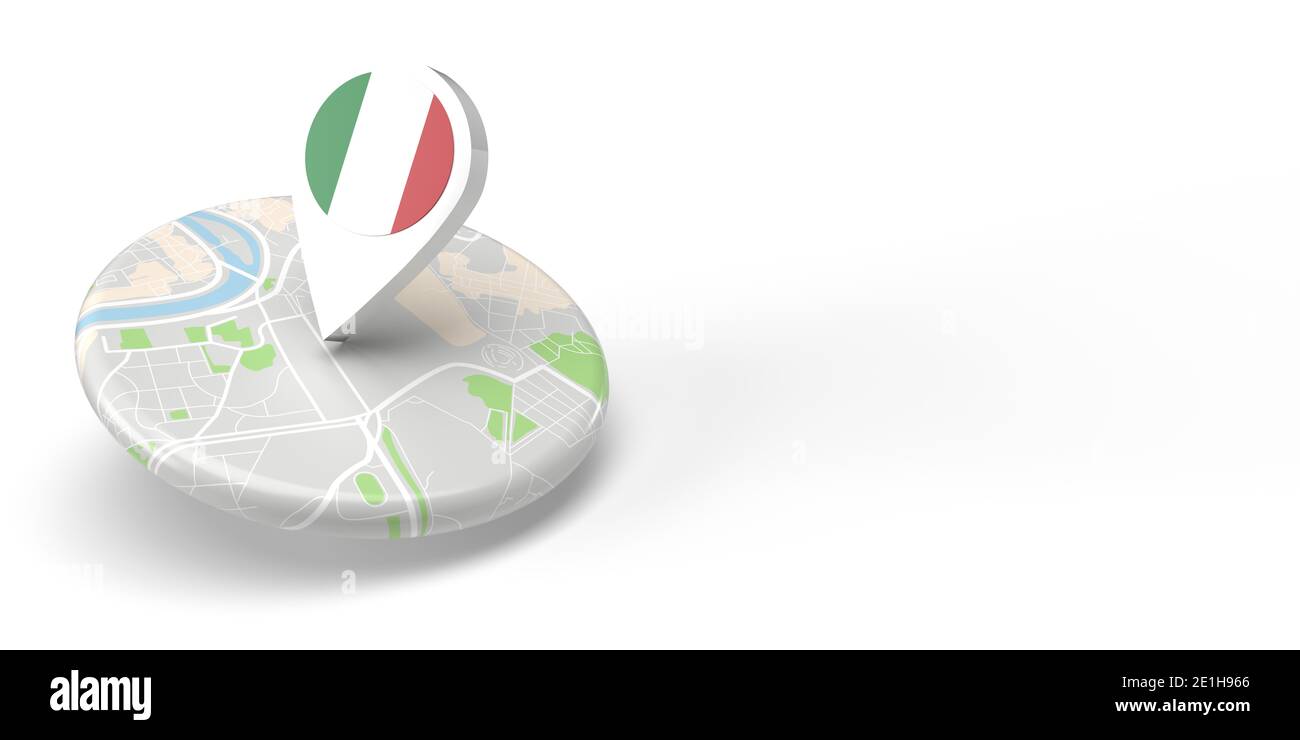 A 3D rendered country map locator pointing on a destination on a flat rounded small map. The symbol has the Italian flag. The illustration is isolated Stock Photo
