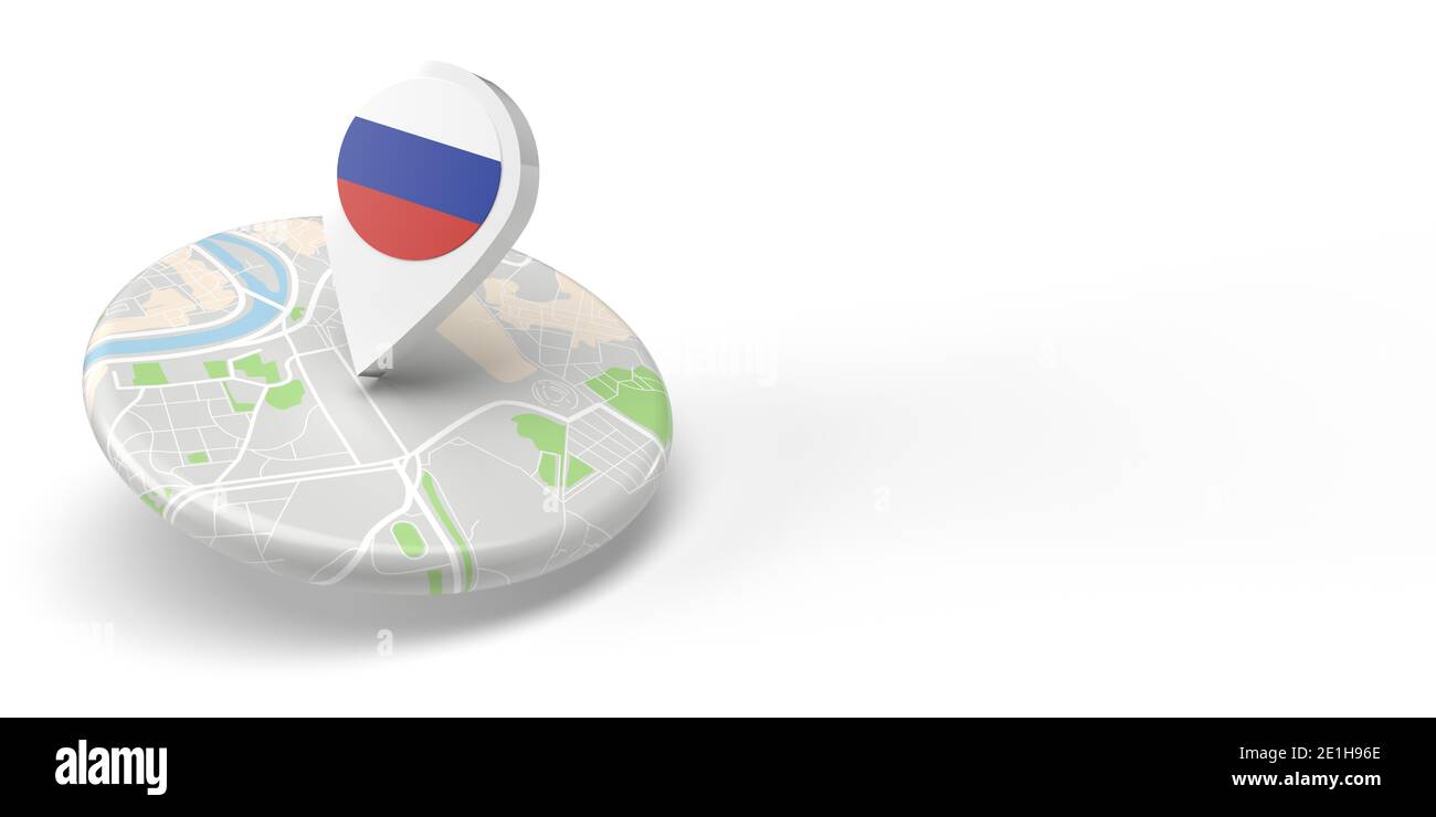 A 3D rendered country map locator pointing on a destination on a flat rounded small map. The symbol has the Russian flag. The illustration is isolated Stock Photo