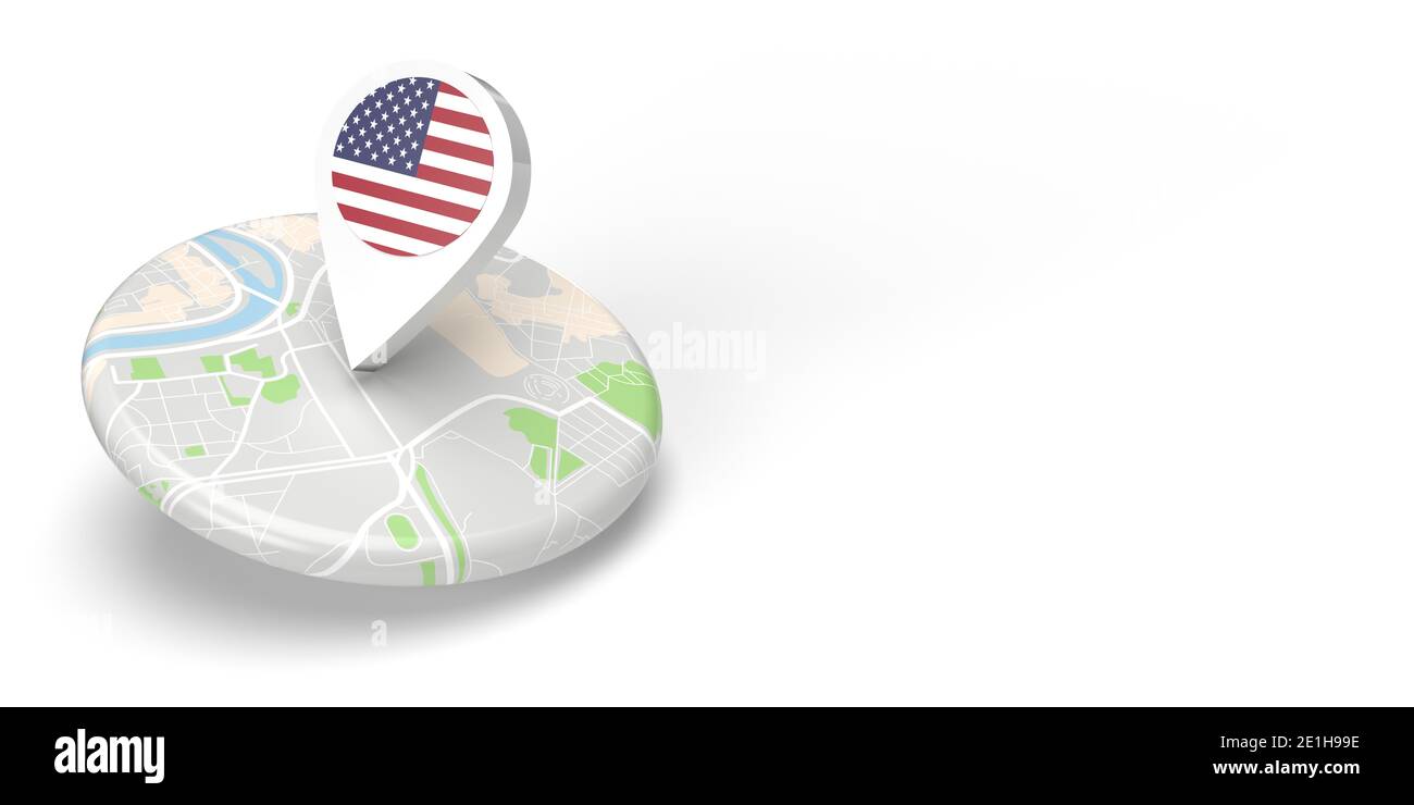 A 3D rendered country map locator pointing on a destination on a flat rounded small map. The symbol carries the USA flag. The illustration is isolated Stock Photo