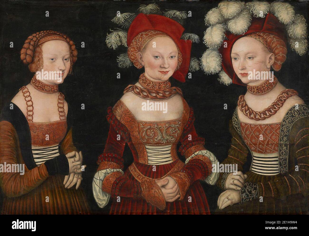 Lucas Cranach d. Ä. - Die Prinzessinnen Sibylla (1515-1592), Emilia (1516-1591) und Sidonia (1518-1575) von Sachsen Stock Photo