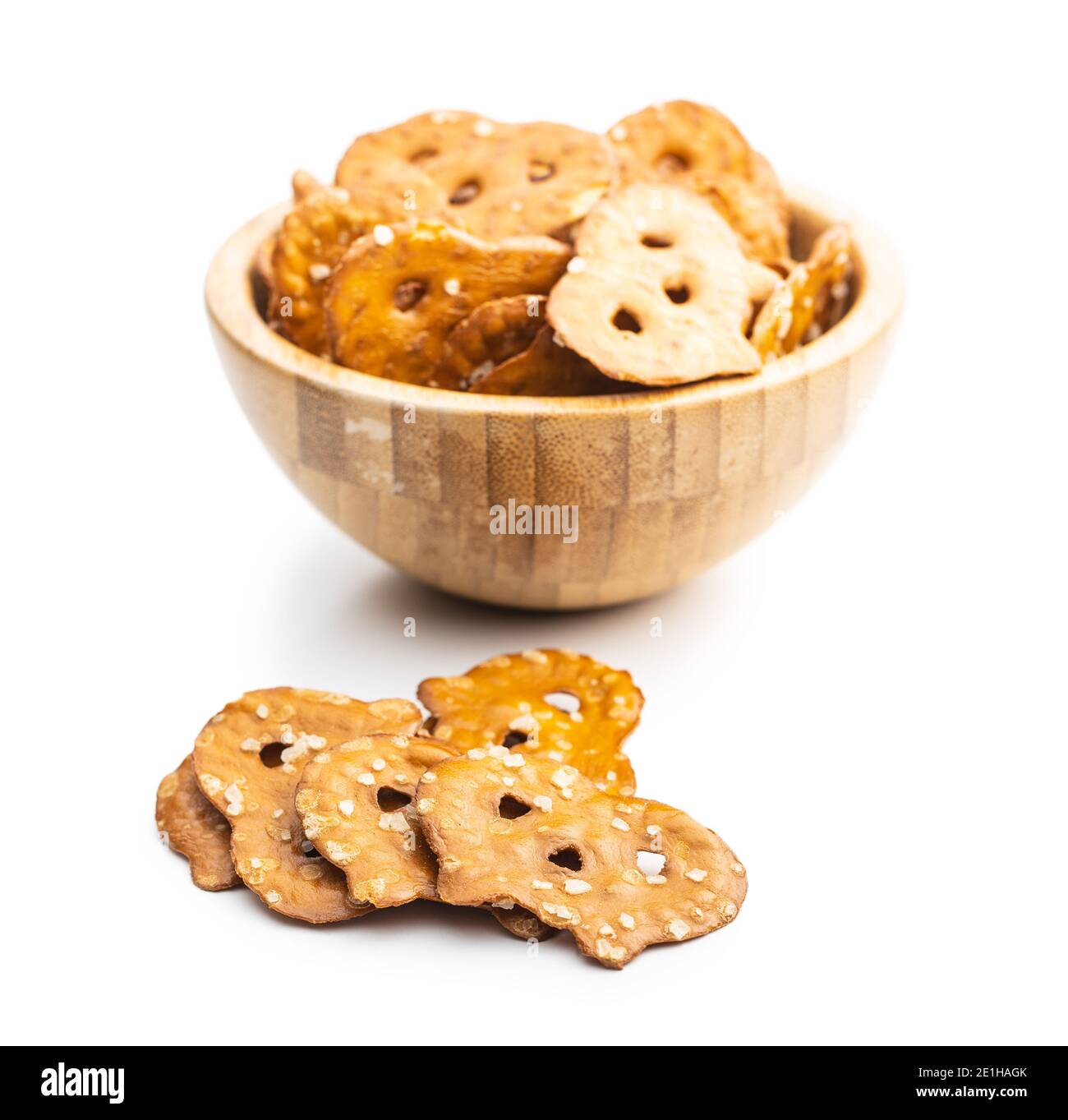 Salted mini flat pretzels isolated on white background. Stock Photo