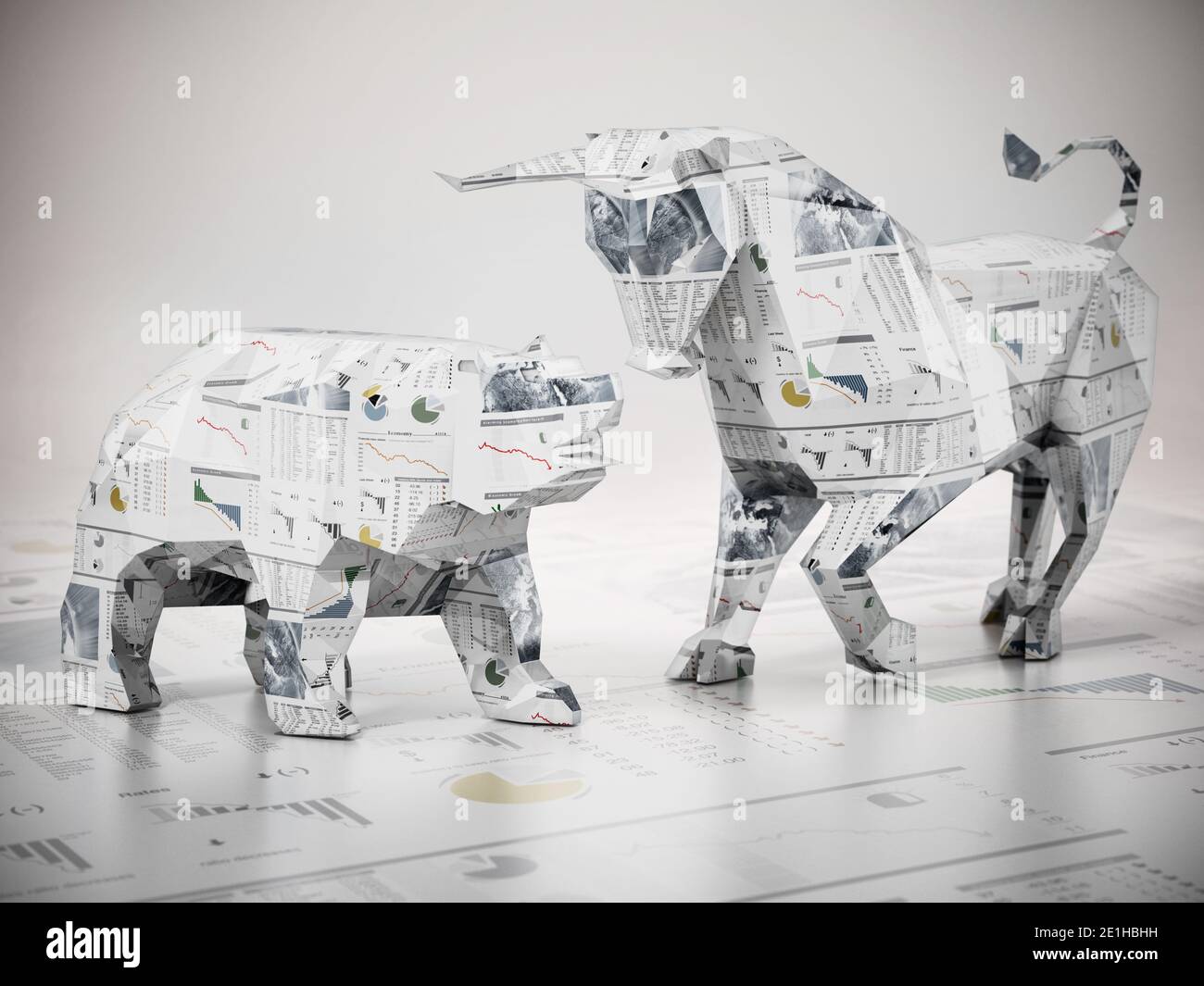 low-poly-bull-and-bear-standing-on-finance-newspaper-page-3d
