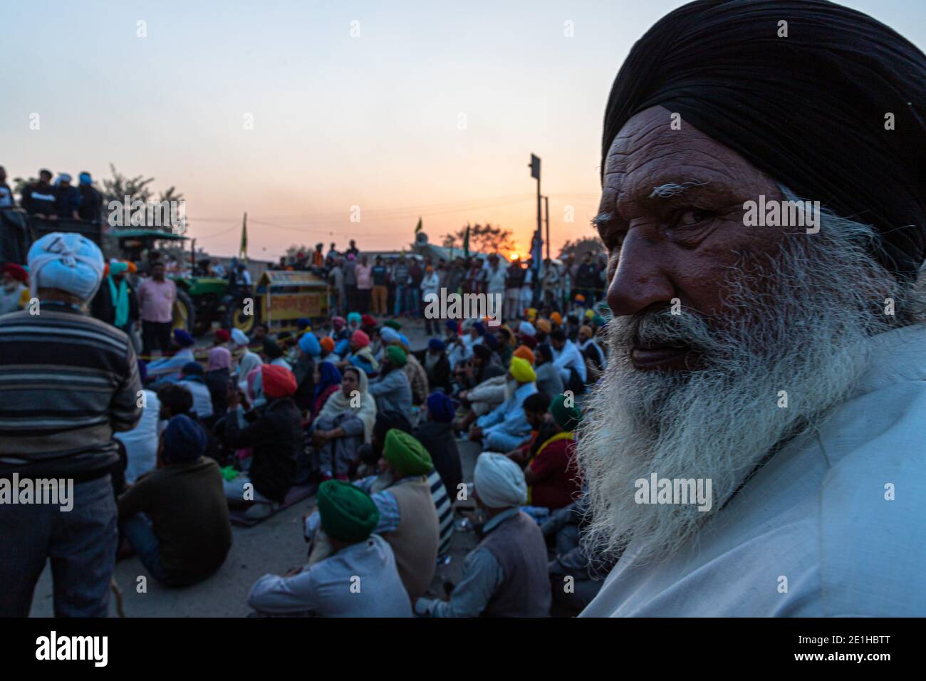 portrait of farmers protesting against new farm law passed by indian government at delhi haryana border. Stock Photo