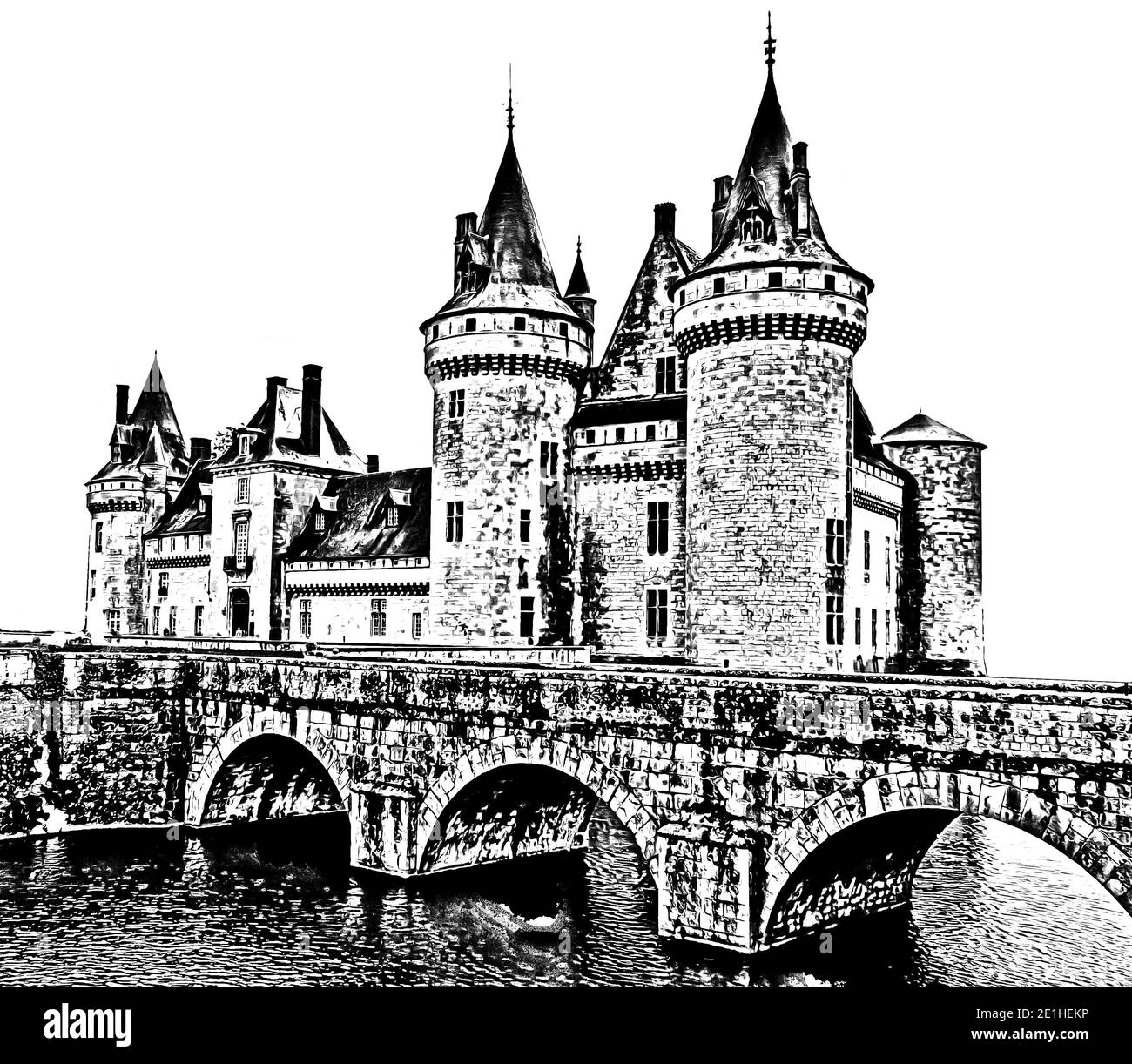 Old medieval castle сhateau de Sully sur Loire. Loire Valley, France. Black white sketch. Pencil style illustration. Stock Photo