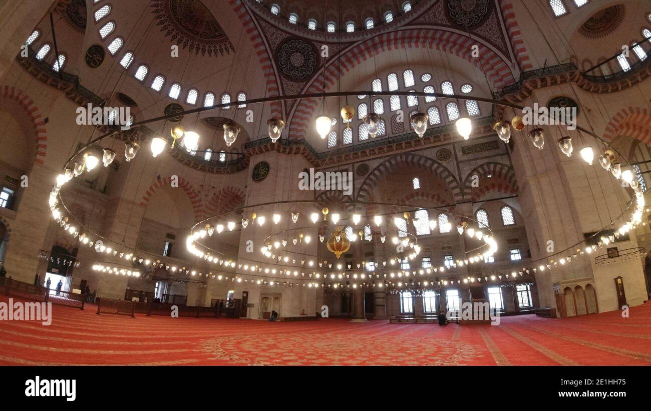 Istanbul Turkey - 11.14.2020: Interior of Suleymaniye Mosque. Mosque architecture. ottoman mosque architecture. Ramadan background. Islamic background Stock Photo