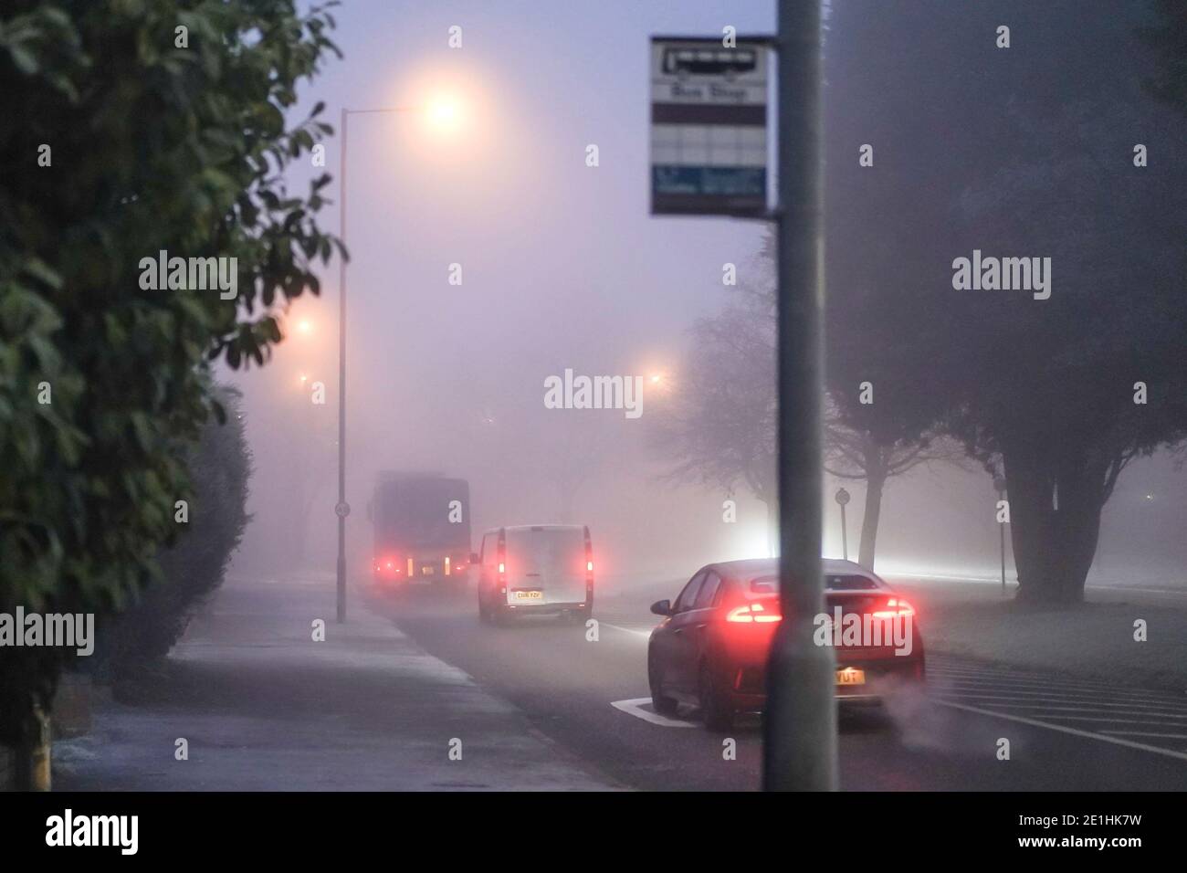 Kidderminster, UK. 7th January, 2021. UK weather: heavy fog and freezing temperatures makes travel very unnerving for motorists this morning with treacherous road conditions. Credit: Lee Hudson/Alamy Live News Stock Photo
