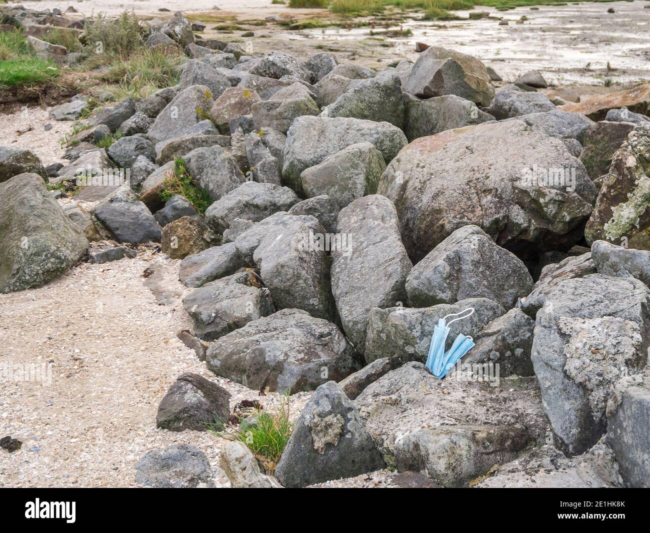 A light blue mouth and nose mask lying on boulders on the North Sea shore. Stock Photo