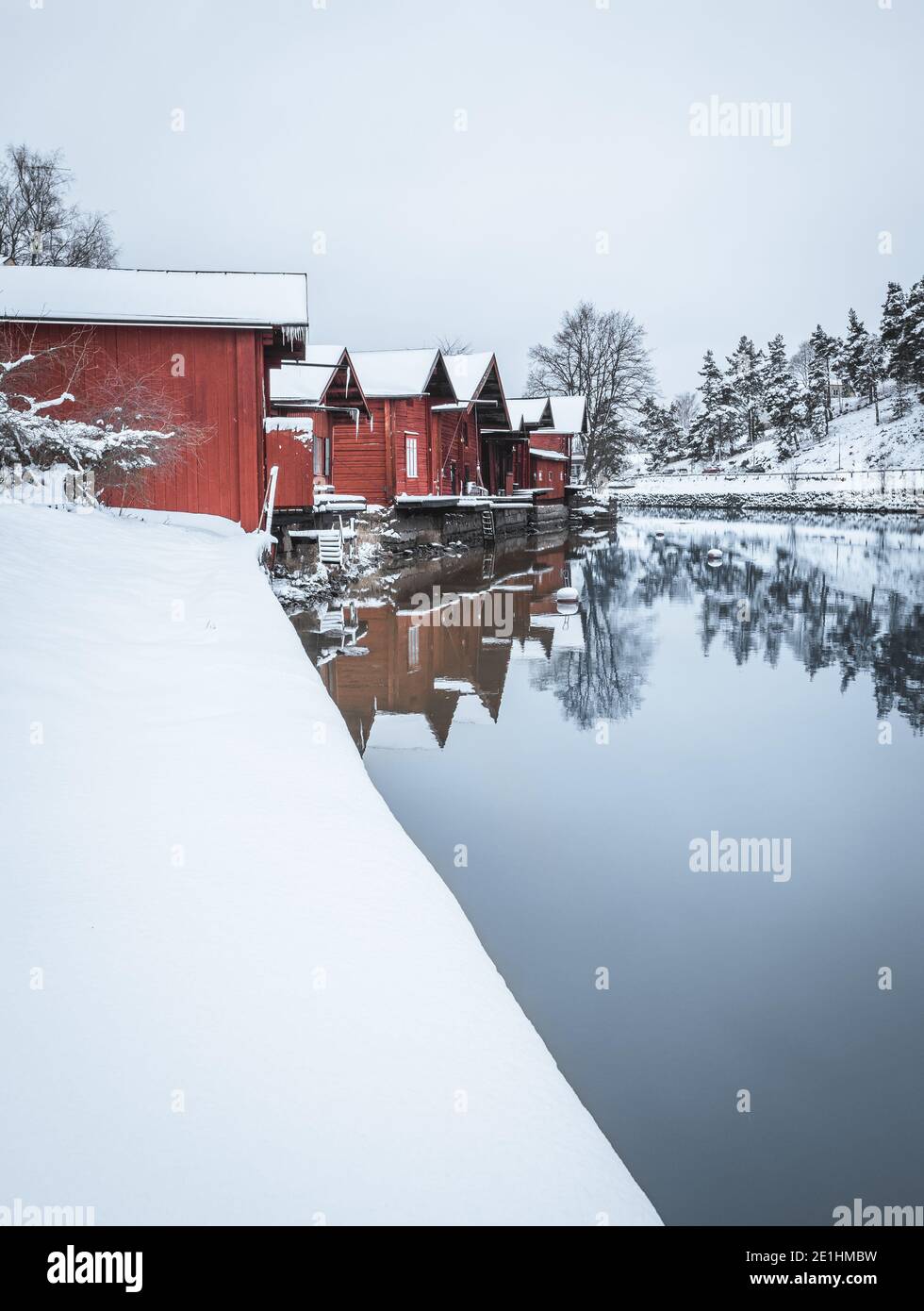The red houses by the river in the town of Porvoo in Finland at winter