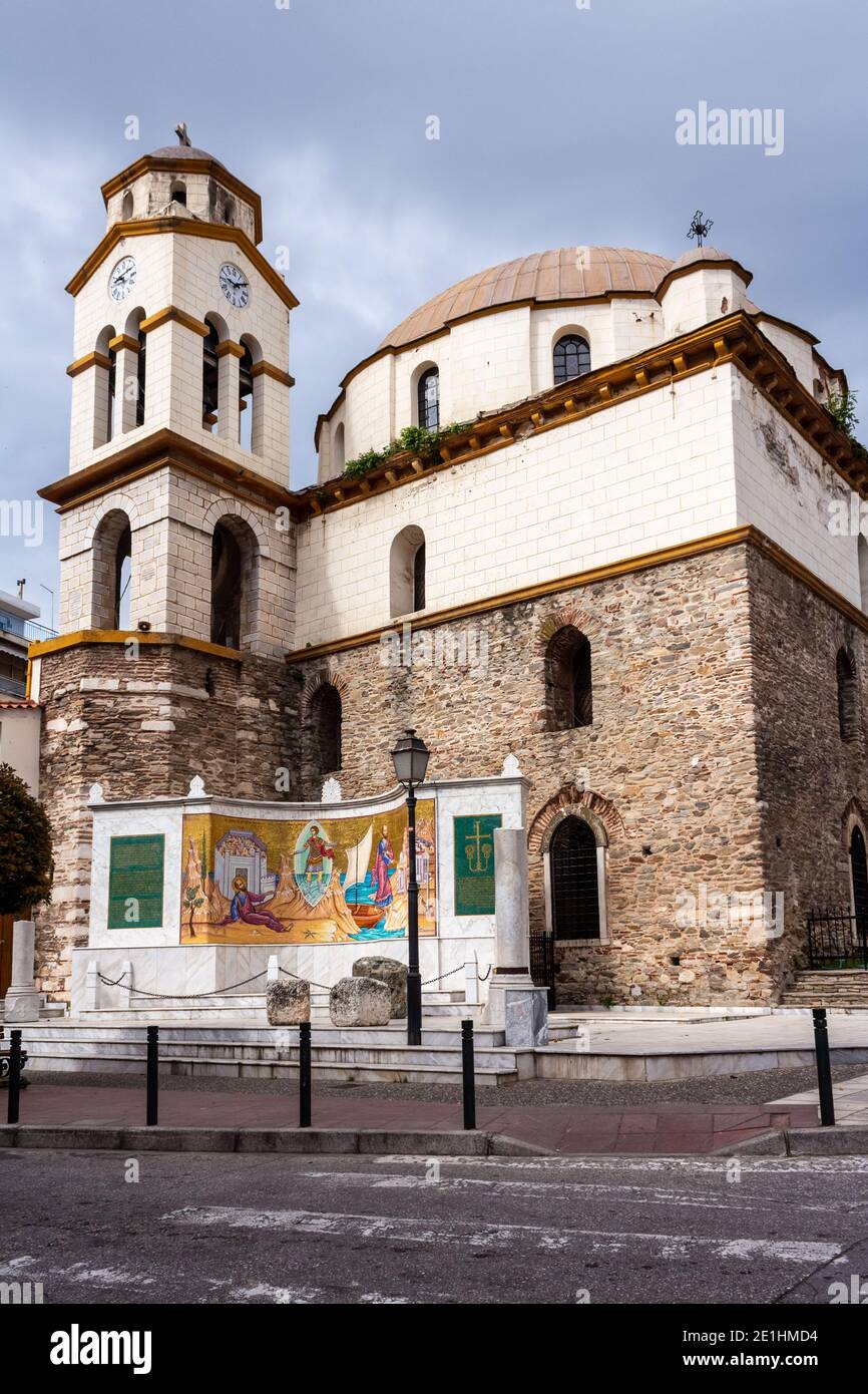 Kavala, Greece - May 04, 2019: Church of St. Nicholas with a colorful mosaic mural with a gold background depicting the travels of the Apostle Paul. Stock Photo