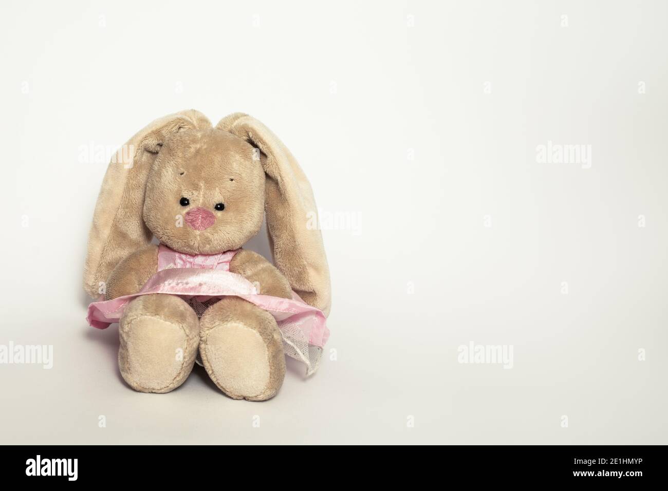 Fluffy, cute little toy rabbit hare in pink dress on white background